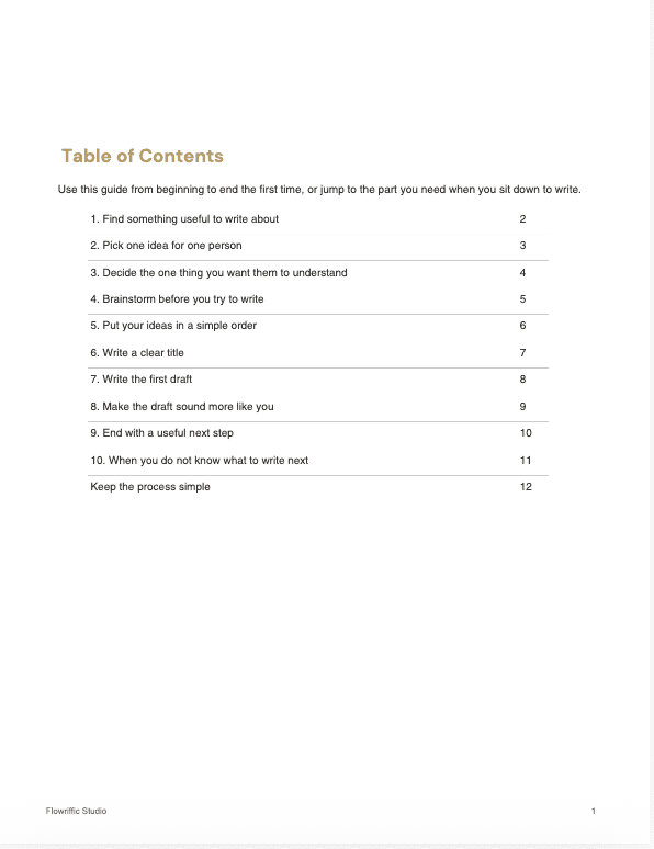 Table of Contents for Planning & writing a blog post guide