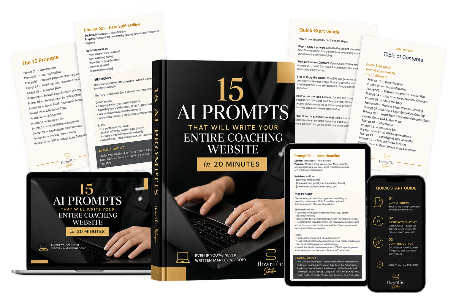15 AI Prompts for Coaching Websites digital product mockup featuring an ebook, tablet, quick-start guide, and sample AI website copy prompt pages.