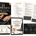 15 AI Prompts for Coaching Websites digital product mockup featuring an ebook, tablet, quick-start guide, and sample AI website copy prompt pages.