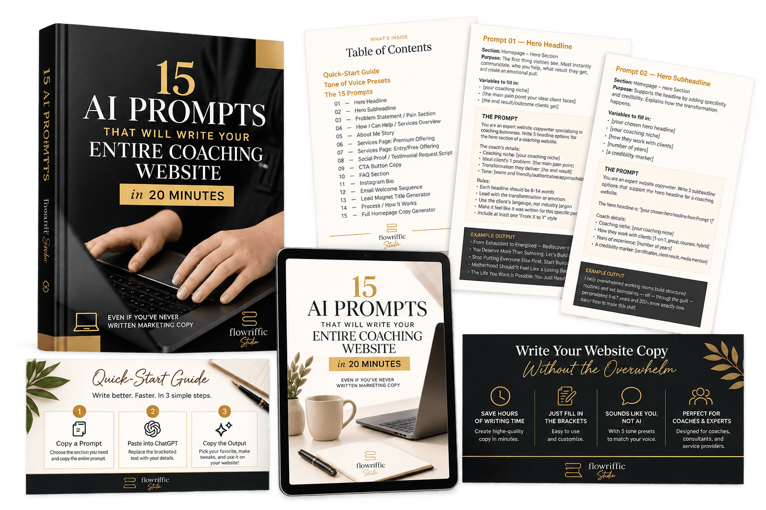 15 AI Prompts for Coaching Websites digital product mockup featuring an ebook, tablet, quick-start guide, and sample AI website copy prompt pages.